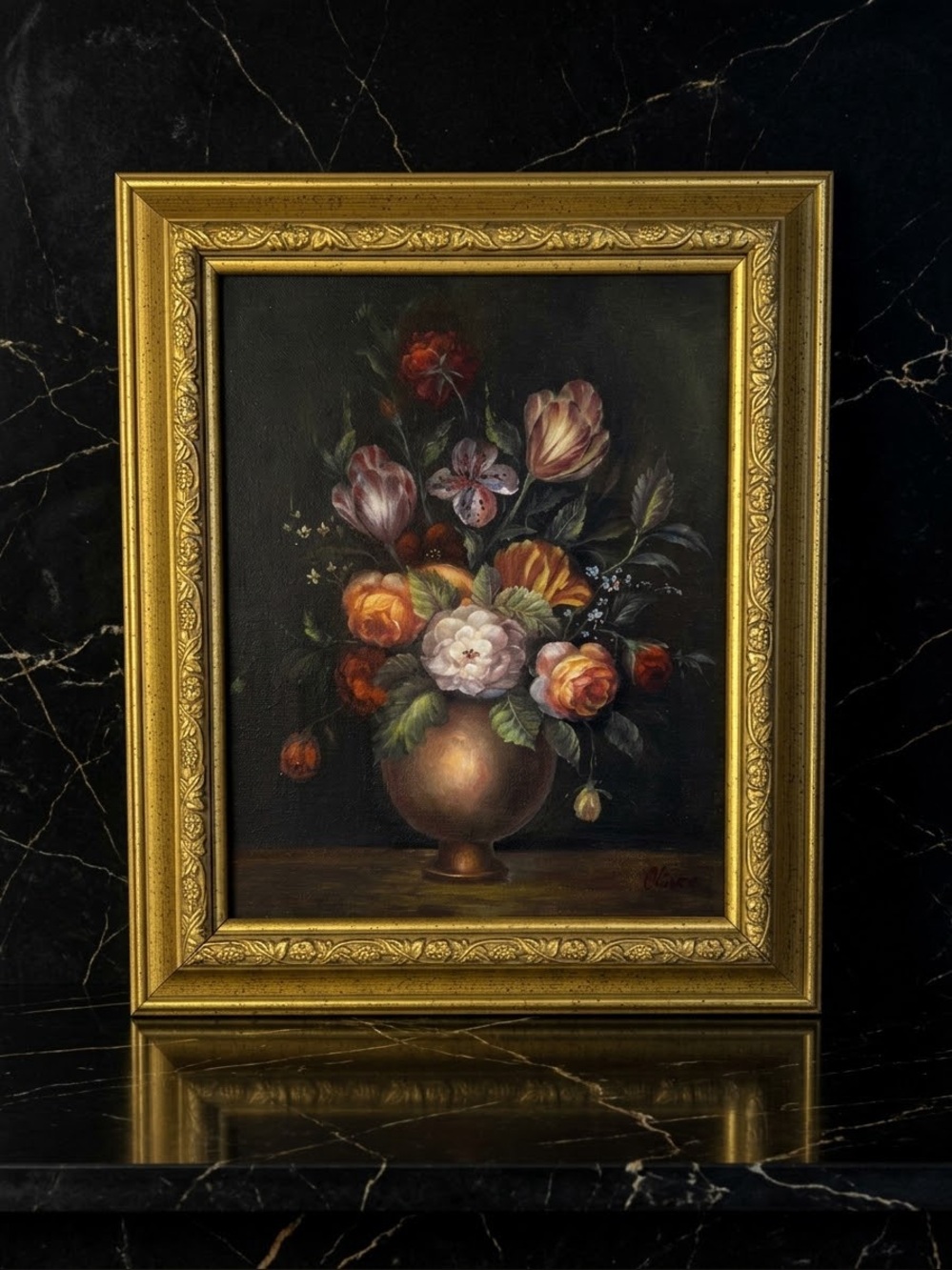 Beautiful 10”x12” Oil Painting Still Life Art Dark Romance Oil Framed Bouquet